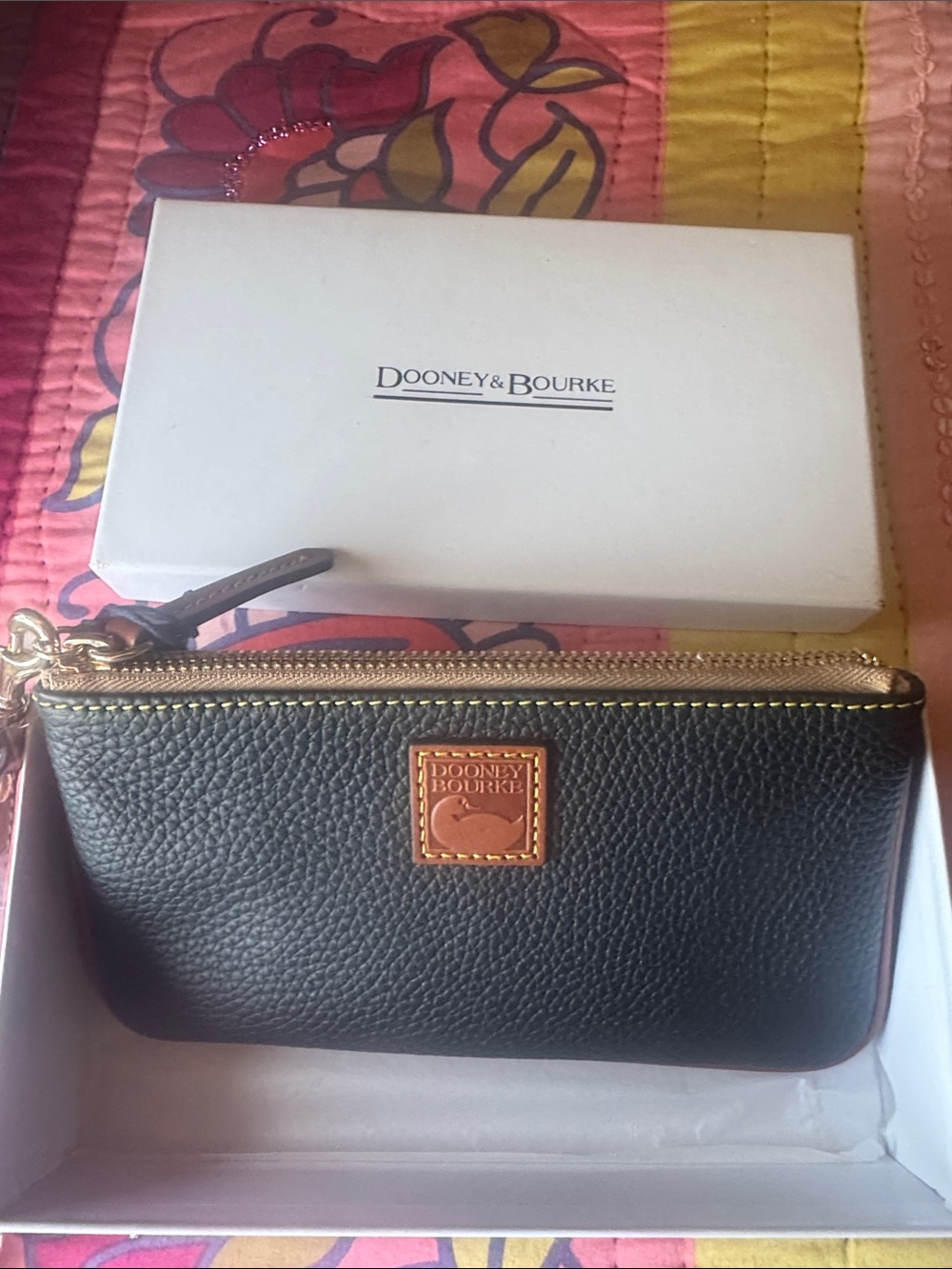 Dooney & Bourke Black Pebbled Leather Zip Pouch with Tan Logo